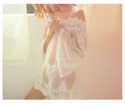 White eyelash lace underwear splicing perspective off-the-shoulder sexy suspender nightdress mesh blouse